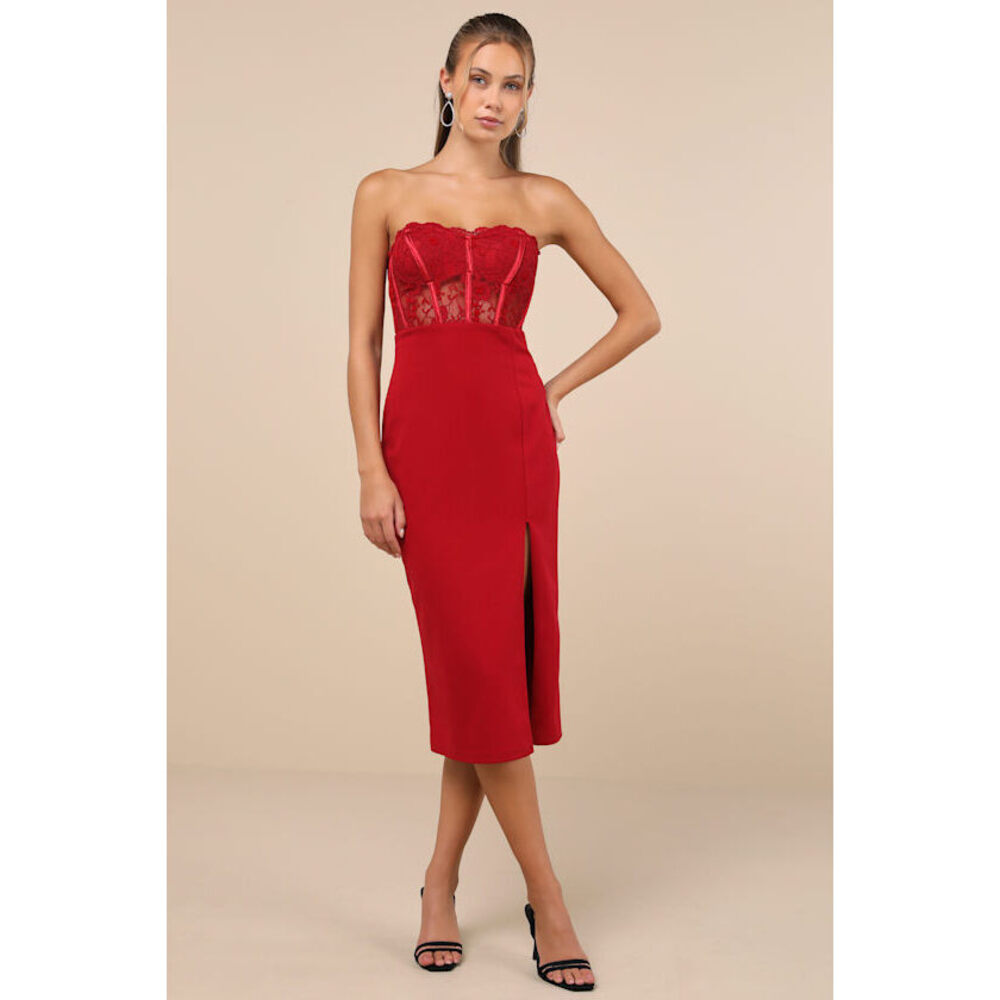 Lulus Exquisitely Sultry Wine Red Lace Strapless Bustier Midi Dress - Size S